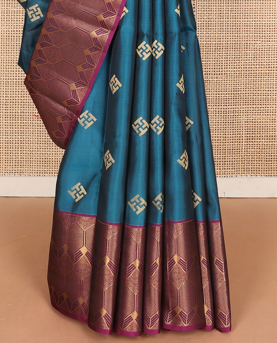 Blue zari buttas silk saree, contrast geometric border & pallu of floral & peacock designs