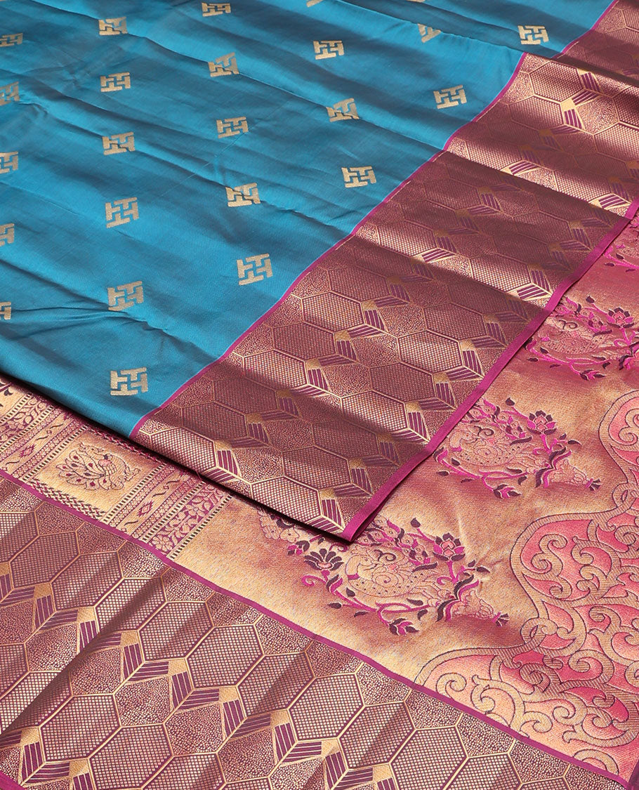 Blue zari buttas silk saree, contrast geometric border & pallu of floral & peacock designs
