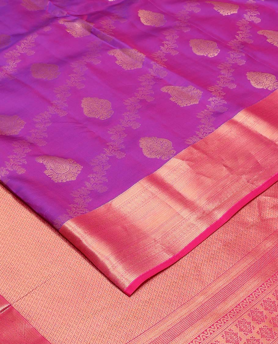 Purple zari buttas Vasundhara silk mix saree, contrast border, and pallu steeped with traditional zari designs