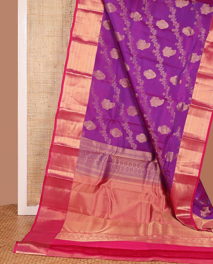 Purple zari buttas Vasundhara silk mix saree, contrast border, and pallu steeped with traditional zari designs