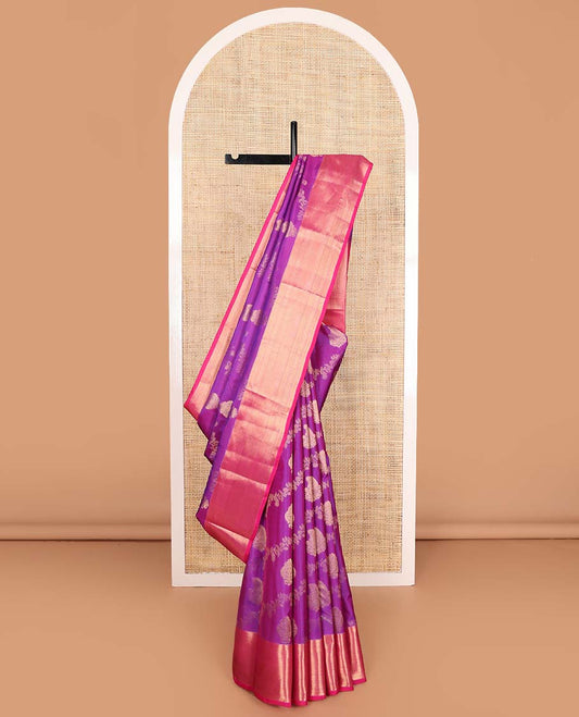Purple zari buttas Vasundhara silk mix saree, contrast border, and pallu steeped with traditional zari designs