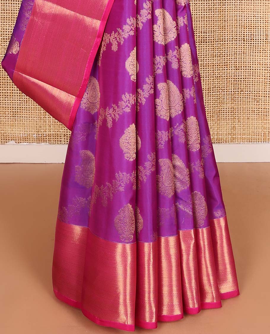 Purple zari buttas Vasundhara silk mix saree, contrast border, and pallu steeped with traditional zari designs