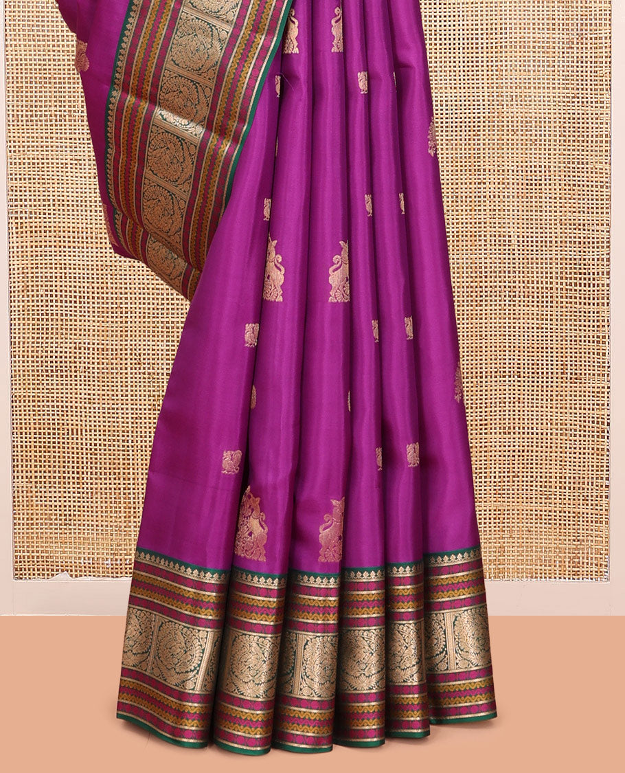 Pink Vasundhara Lite Silk Mix Saree, Majestically Detailed with Zari Buttas, a Contrast Border of Salngai, Rudraksham, Neli, and Mayil Designs, Grand Pallu, and a Contrast Blouse