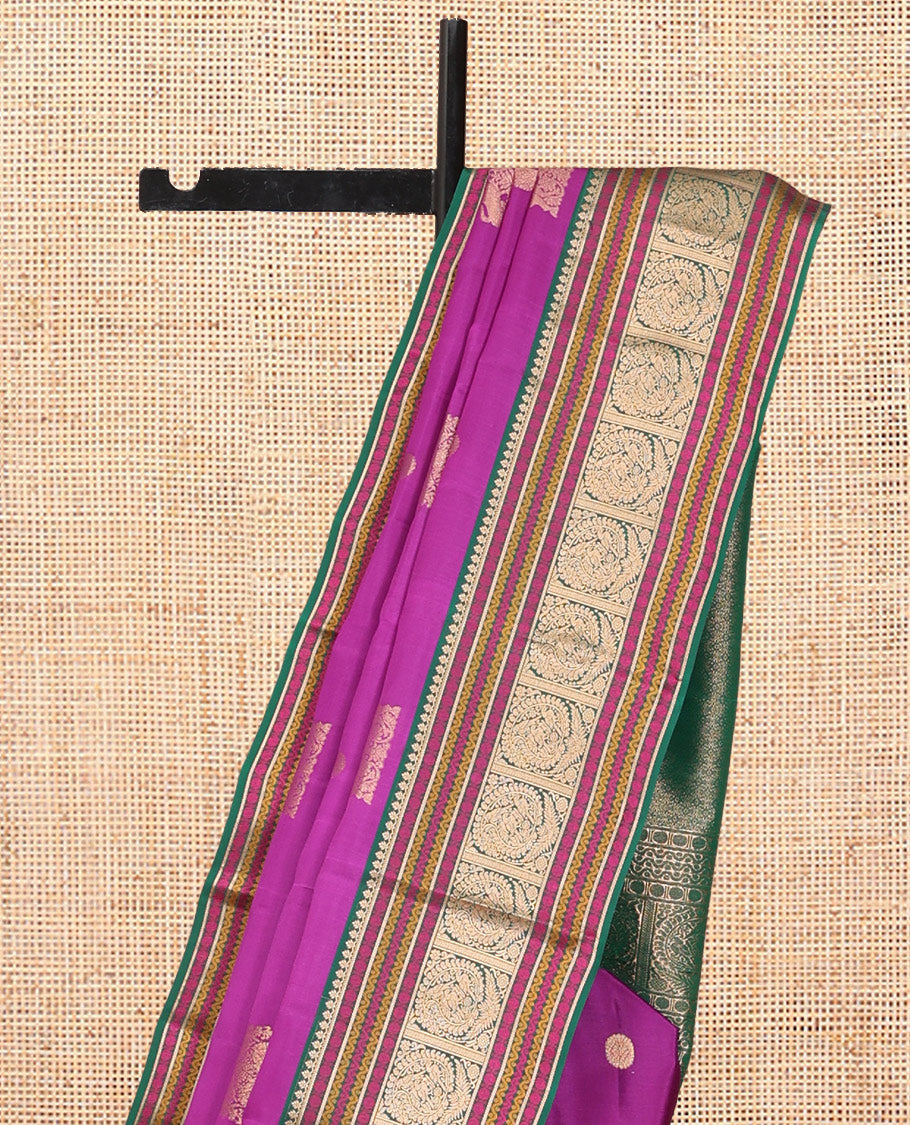 Pink Vasundhara Lite Silk Mix Saree, Majestically Detailed with Zari Buttas, a Contrast Border of Salngai, Rudraksham, Neli, and Mayil Designs, Grand Pallu, and a Contrast Blouse