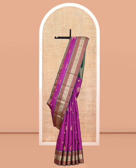 Pink Vasundhara Lite Silk Mix Saree, Majestically Detailed with Zari Buttas, a Contrast Border of Salngai, Rudraksham, Neli, and Mayil Designs, Grand Pallu, and a Contrast Blouse