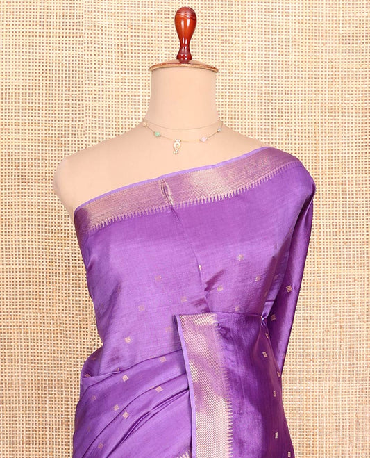 Lavender Banana Pith Saree Embellished with Zari Buttas, Temple Border of Zari Designs, Subtle Pallu of Zari Designs, and Paired with a Matching Blouse