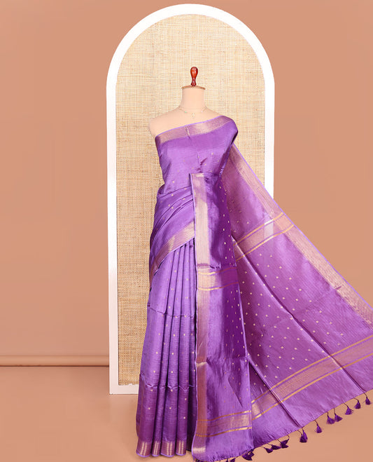 Lavender Banana Pith Saree Embellished with Zari Buttas, Temple Border of Zari Designs, Subtle Pallu of Zari Designs, and Paired with a Matching Blouse
