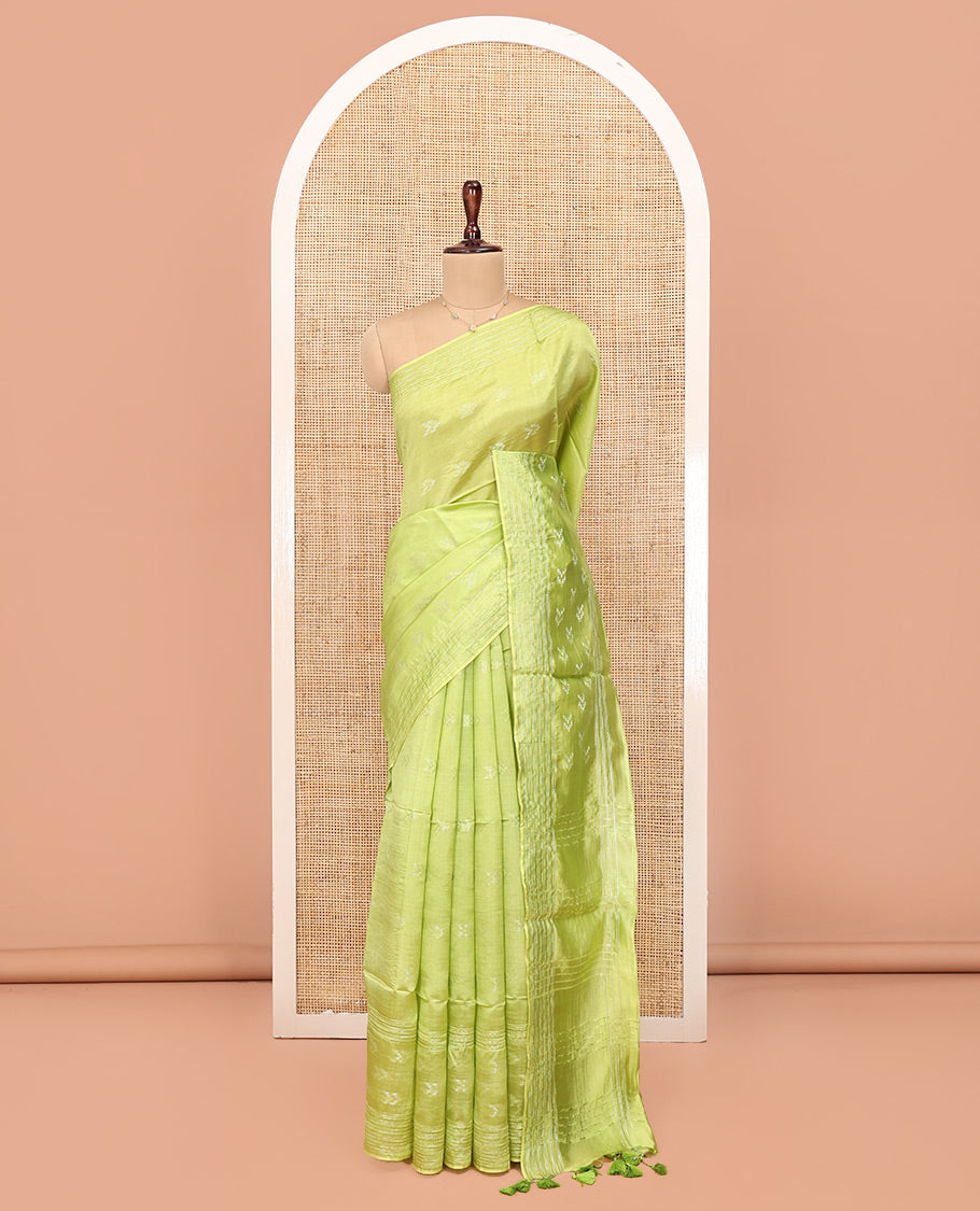 Green Banana Pith Saree, Sparsely Woven with Buttas All Over Its Body, Subtle Striped Border, Pallu Steeped with Stripes, and Paired with a Matching Blouse