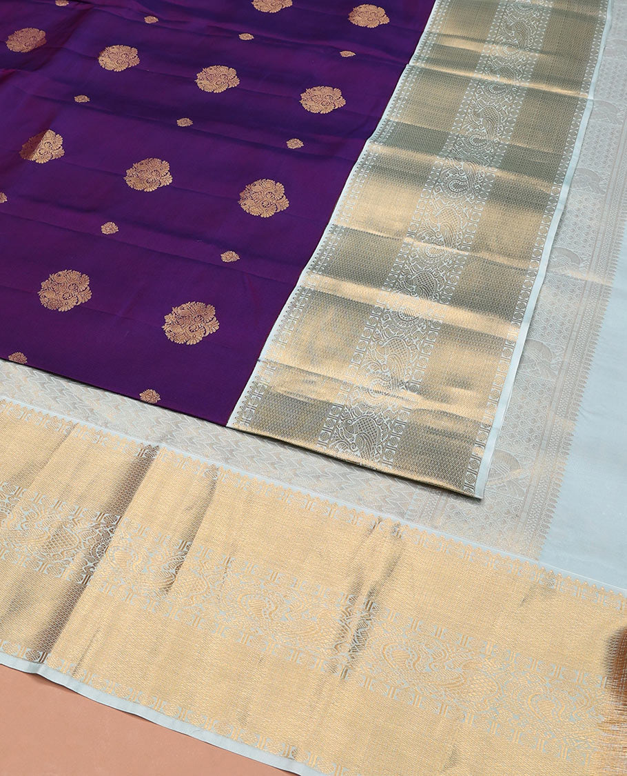 Violet Vasundhara Silk Saree, Richly Detailed with Zari Buttas, Complemented by a Contrast Border of Rekku, Rudraksham, Mayil Kann, and Mayil Designs, Pallu Beautified with Chevron Designs, and Paired with a Contrast Blouse