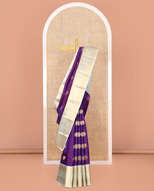 Violet Vasundhara Silk Saree, Richly Detailed with Zari Buttas, Complemented by a Contrast Border of Rekku, Rudraksham, Mayil Kann, and Mayil Designs, Pallu Beautified with Chevron Designs, and Paired with a Contrast Blouse