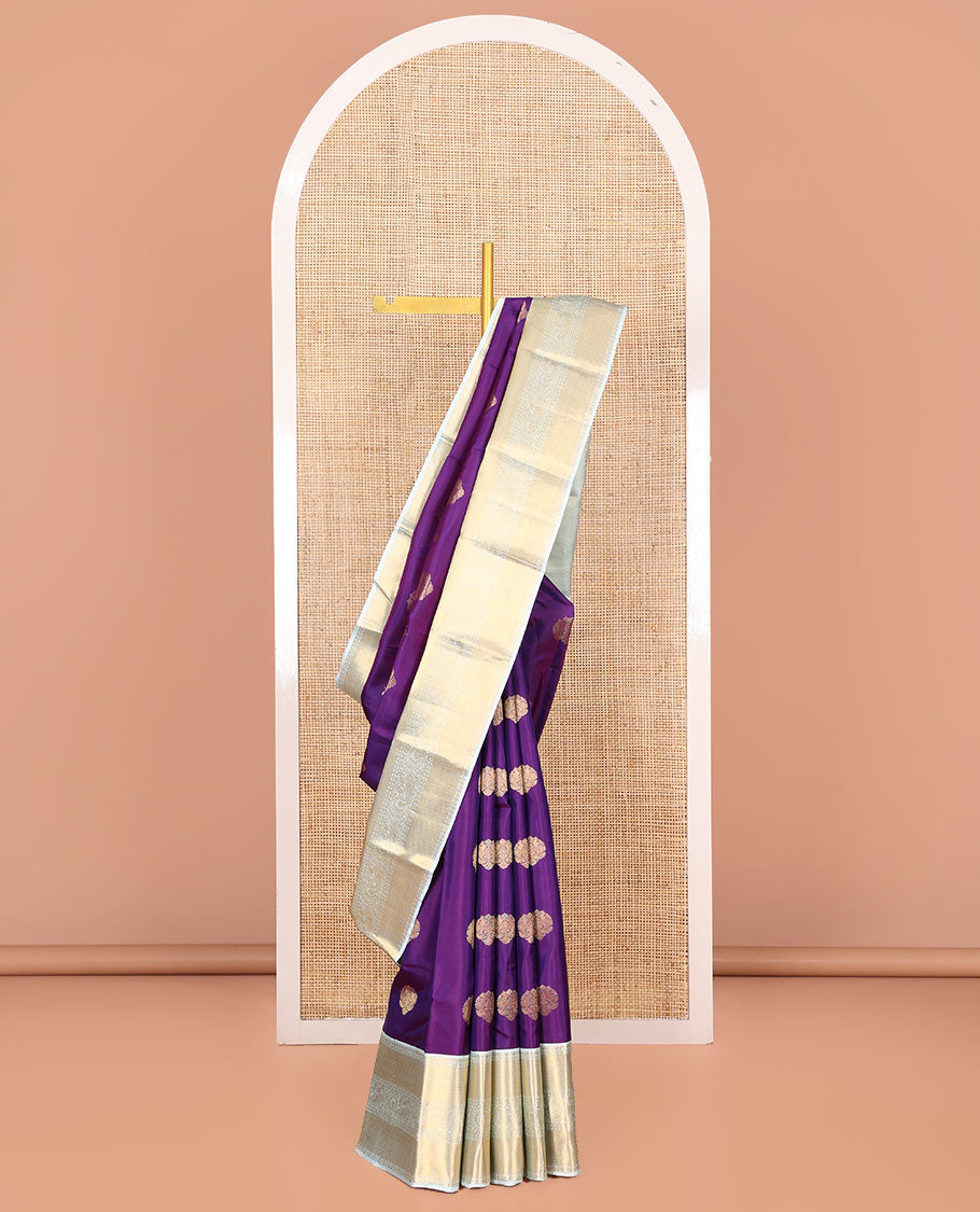Violet Vasundhara Silk Saree, Richly Detailed with Zari Buttas, Complemented by a Contrast Border of Rekku, Rudraksham, Mayil Kann, and Mayil Designs, Pallu Beautified with Chevron Designs, and Paired with a Contrast Blouse