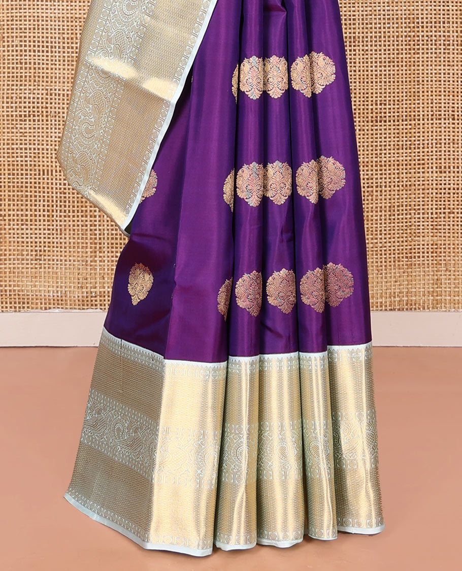 Violet Vasundhara Silk Saree, Richly Detailed with Zari Buttas, Complemented by a Contrast Border of Rekku, Rudraksham, Mayil Kann, and Mayil Designs, Pallu Beautified with Chevron Designs, and Paired with a Contrast Blouse