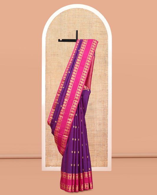Purple Vasundhara Silk Saree, Woven with Iruthalai Pakshi Buttas, a Contrast Rettai Pettu Border of Iruthalai Pakshi Designs, Grand Pallu, and a Contrast Blouse