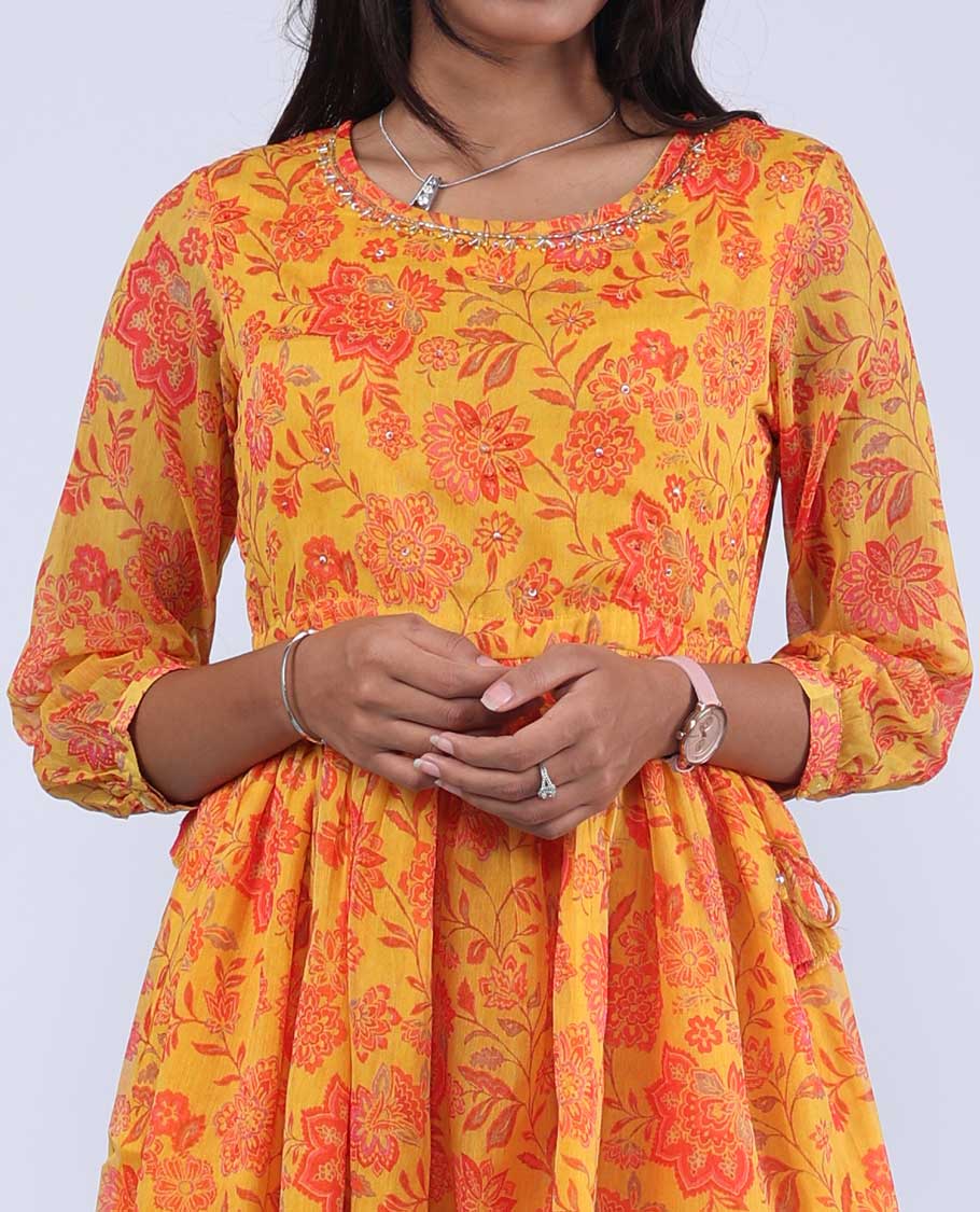 Twara marigold orange floral vine printed with bead embroidery 3/4th sleeve tie-up tassel top