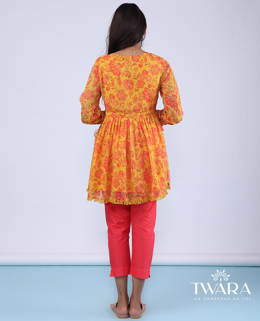 Twara marigold orange floral vine printed with bead embroidery 3/4th sleeve tie-up tassel top