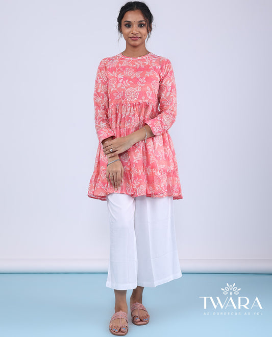 Twara pink floral vine design with sequins embroidery 3/4th sleeve round neck top