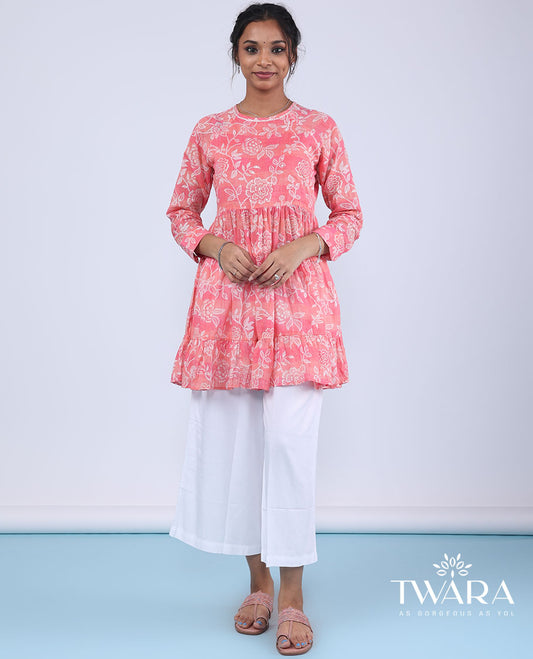 Twara pink floral vine design with sequins embroidery 3/4th sleeve round neck top