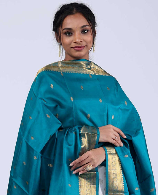 Peacock blue zari buttas & traditional zari design pure-silk dupatta with tassels