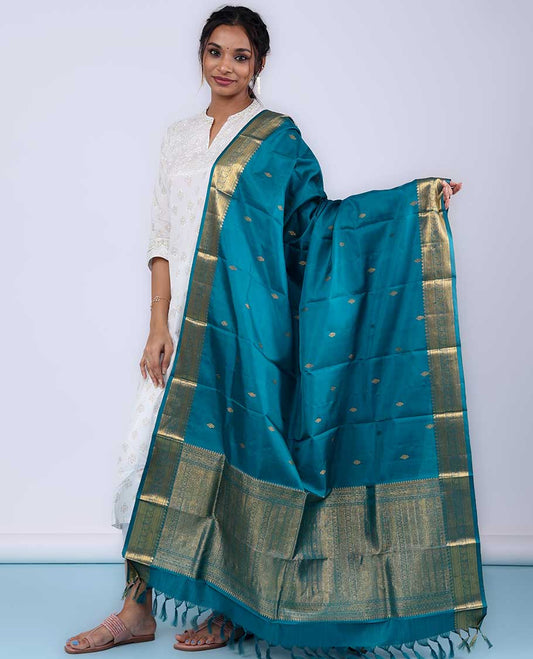 Peacock blue zari buttas & traditional zari design pure-silk dupatta with tassels