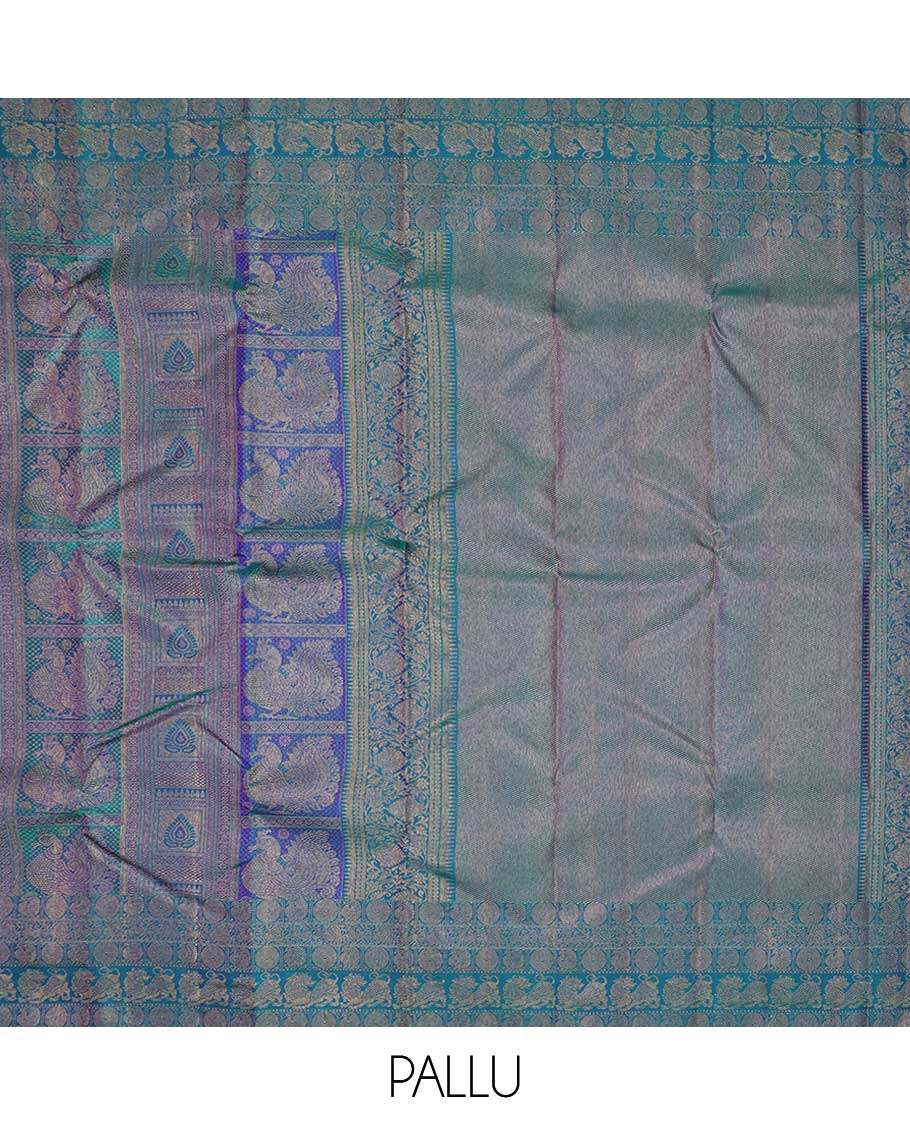 Peacock color jacquard silksaree,border of aanam chakra,yaali & singam & pallu of bogudi,poun,kodi visiry & zari stripes