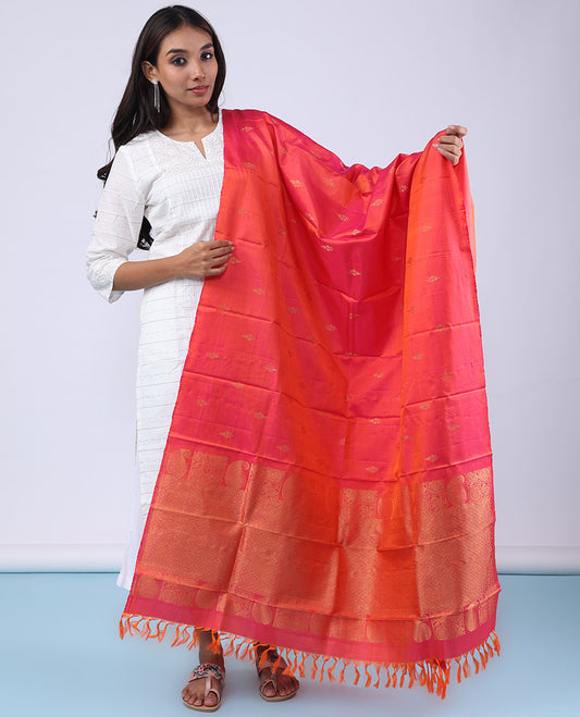 Fuchsia pink traditional zari motifs pure-silk dupatta with tassels