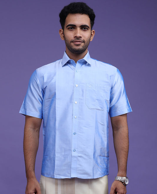 Blue plain design half-sleeve pure-silk shirt