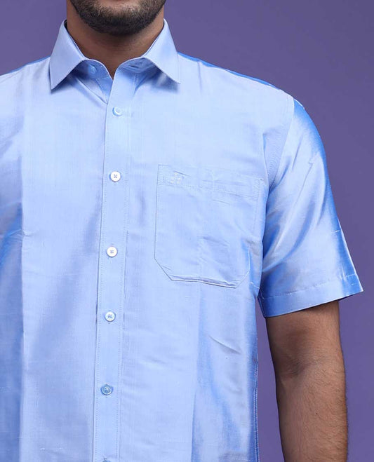 Blue plain design half-sleeve pure-silk shirt