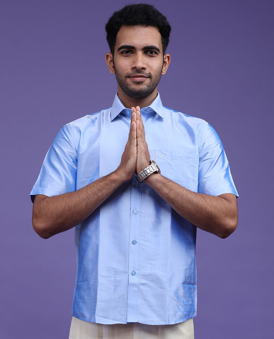 Blue plain design half-sleeve pure-silk shirt