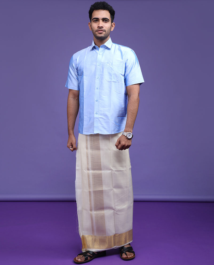 Blue plain design half-sleeve pure-silk shirt