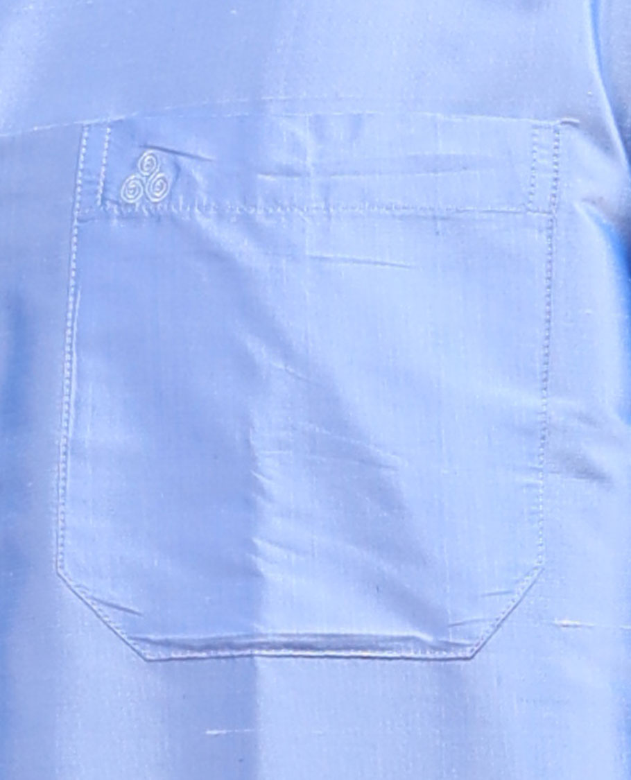 Blue plain design half-sleeve pure-silk shirt