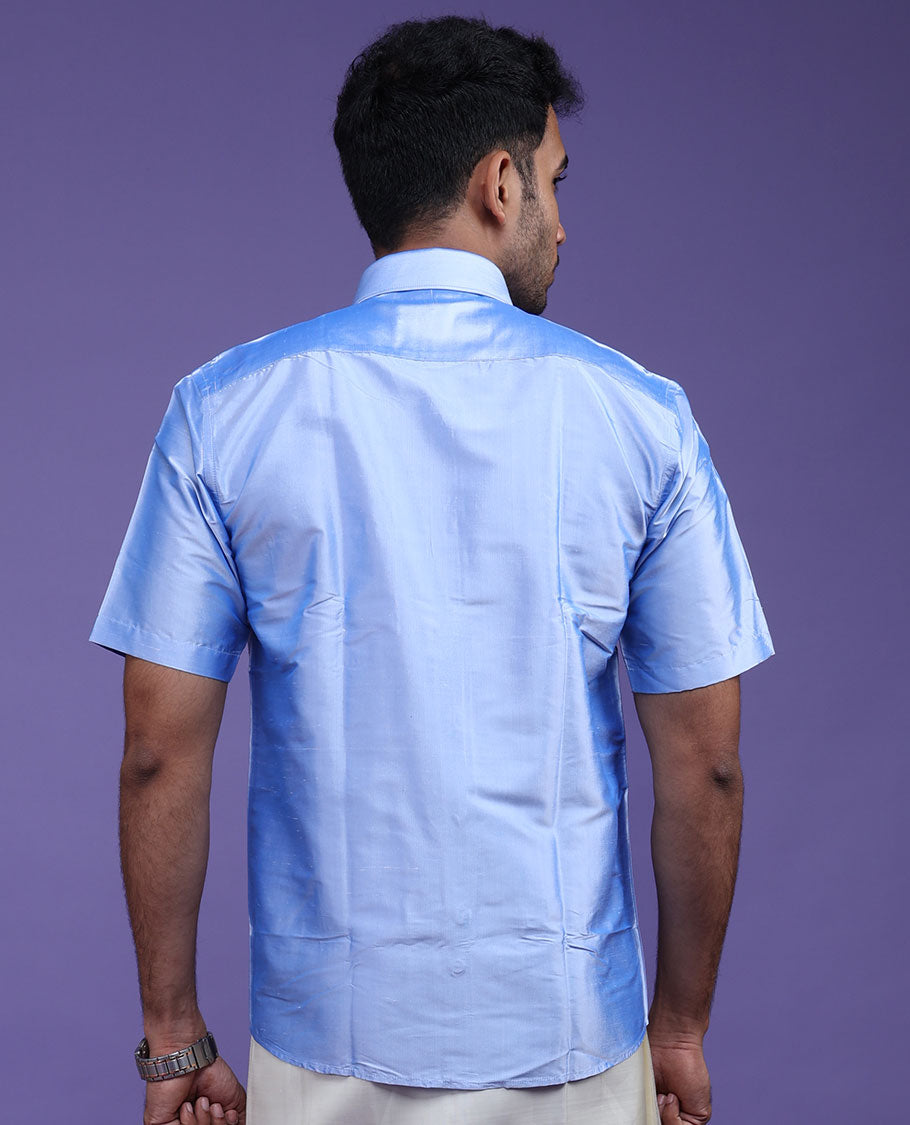 Blue plain design half-sleeve pure-silk shirt