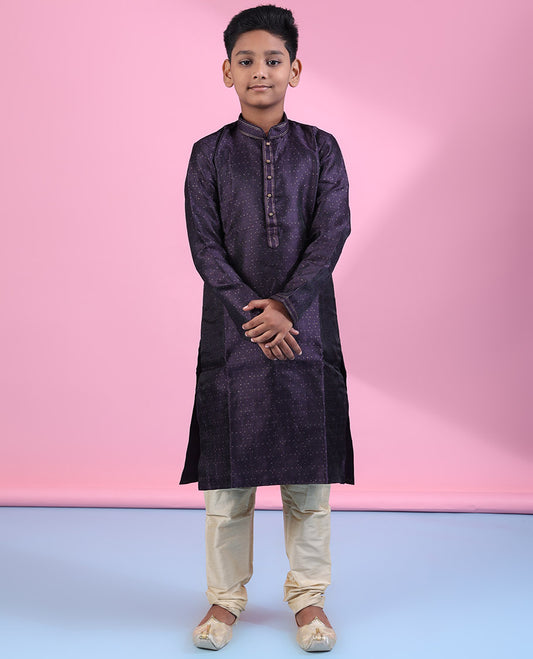 Dark purple raw-silk kurta set, argyle design & glitter work full-sleeve kurta with contrast solid pants