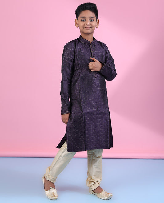 Dark purple raw-silk kurta set, argyle design & glitter work full-sleeve kurta with contrast solid pants