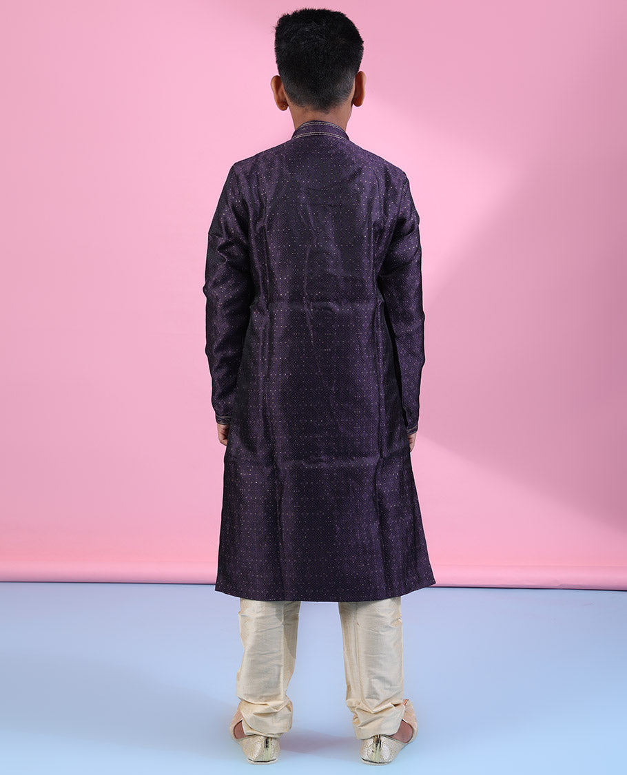 Dark purple raw-silk kurta set, argyle design & glitter work full-sleeve kurta with contrast solid pants