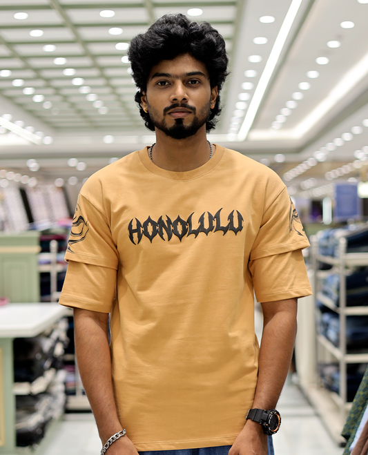 Mustard Unique Print Cotton-Blended T-Shirt
