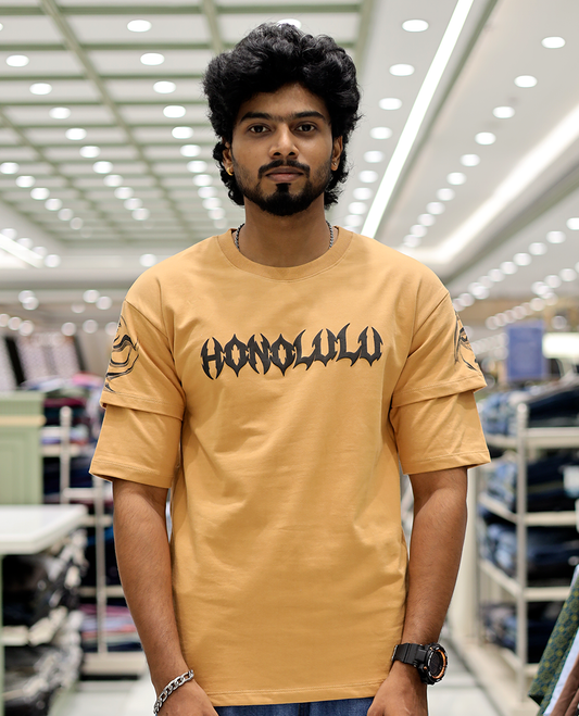 Mustard Unique Print Cotton-Blended T-Shirt
