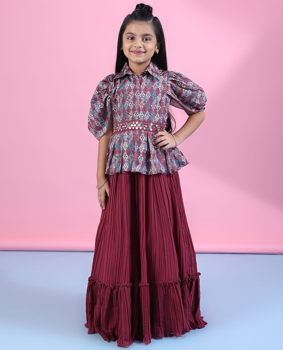 Multi-color Gown with intricately printed angel sleeve top with chiffon pleated-style fril skirt