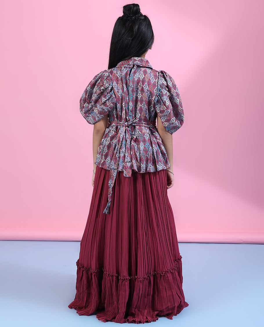 Multi-color Gown with intricately printed angel sleeve top with chiffon pleated-style fril skirt