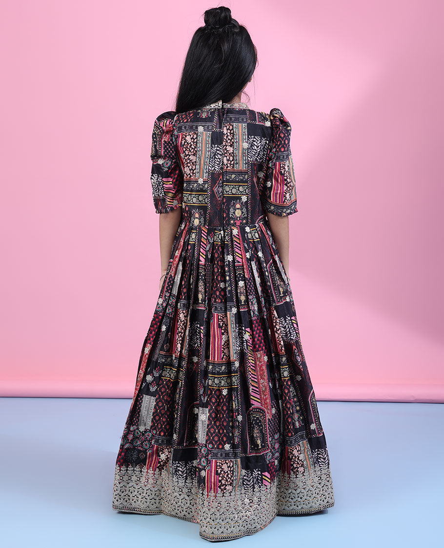 Black intricately printed & thread embroidered elbow-puff-sleeve with chinese collar readymade frock