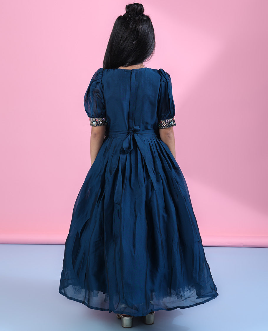 Blue micro-stone & multi-color thread embroidered & mirror work elbow-puff-sleeve readymade frock