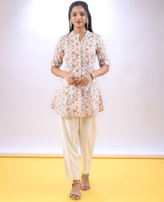 Cream floral vine printed Chinese collar & elbow sleeve above-knee a-line top