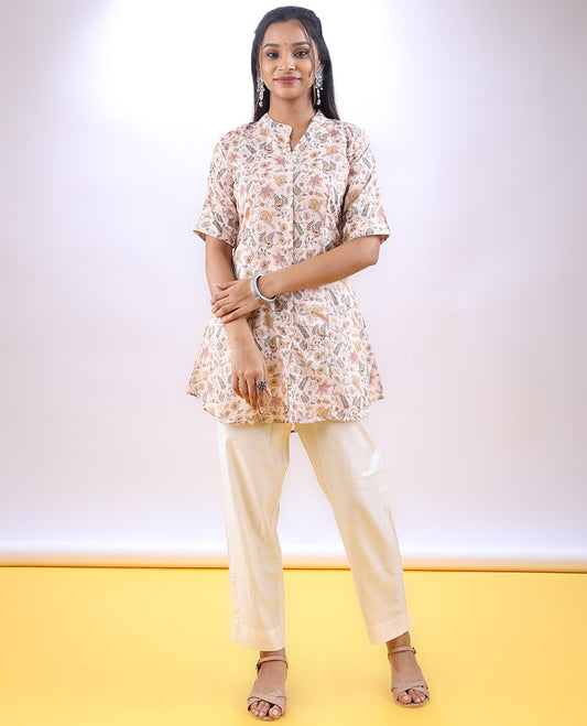 Cream floral vine printed Chinese collar & elbow sleeve above-knee a-line top