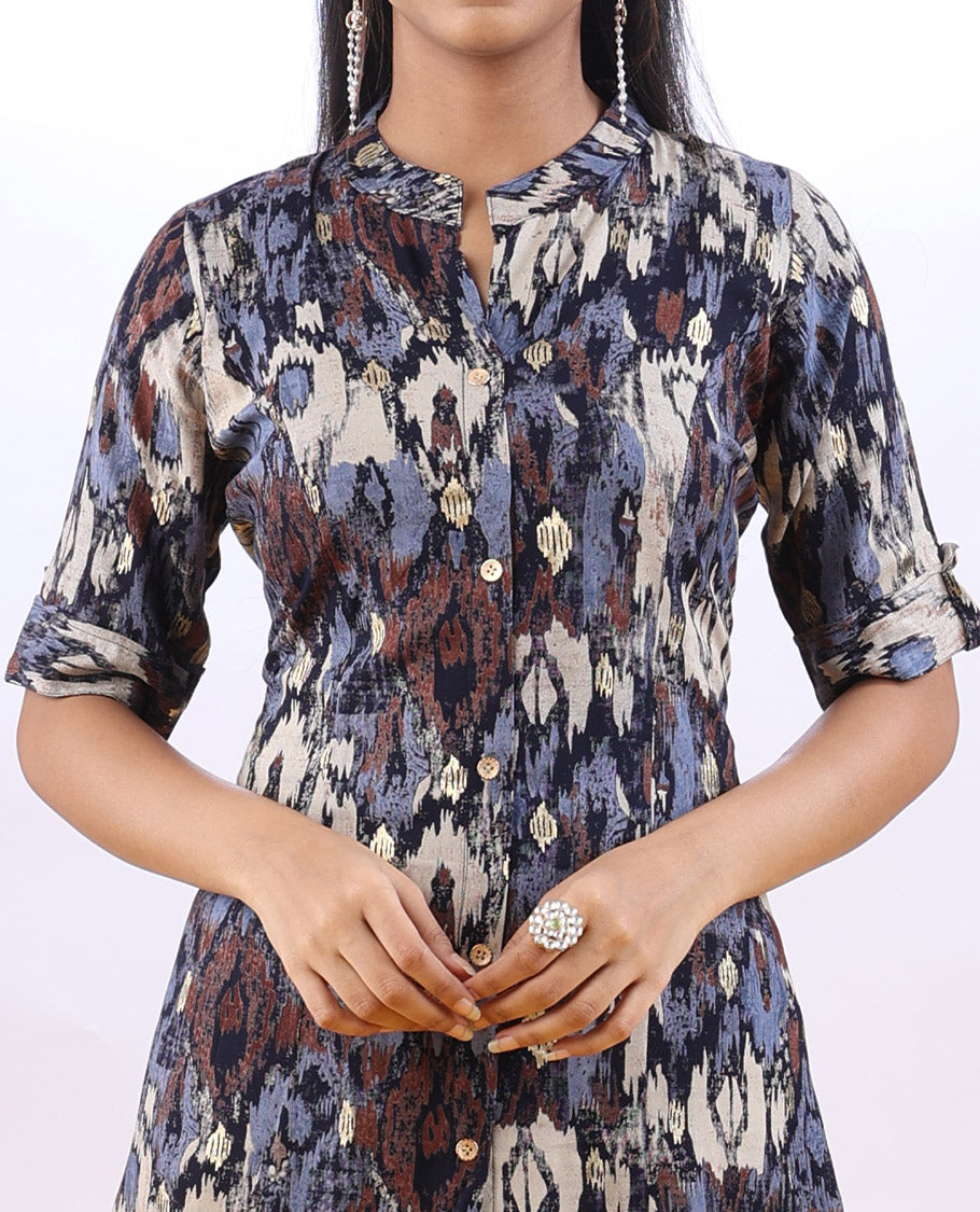 Multi-color abstract-style printed Chinese collar & elbow sleeve above-knee a-line top