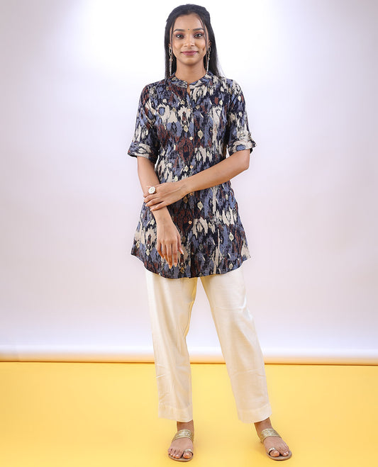 Multi-color abstract-style printed Chinese collar & elbow sleeve above-knee a-line top