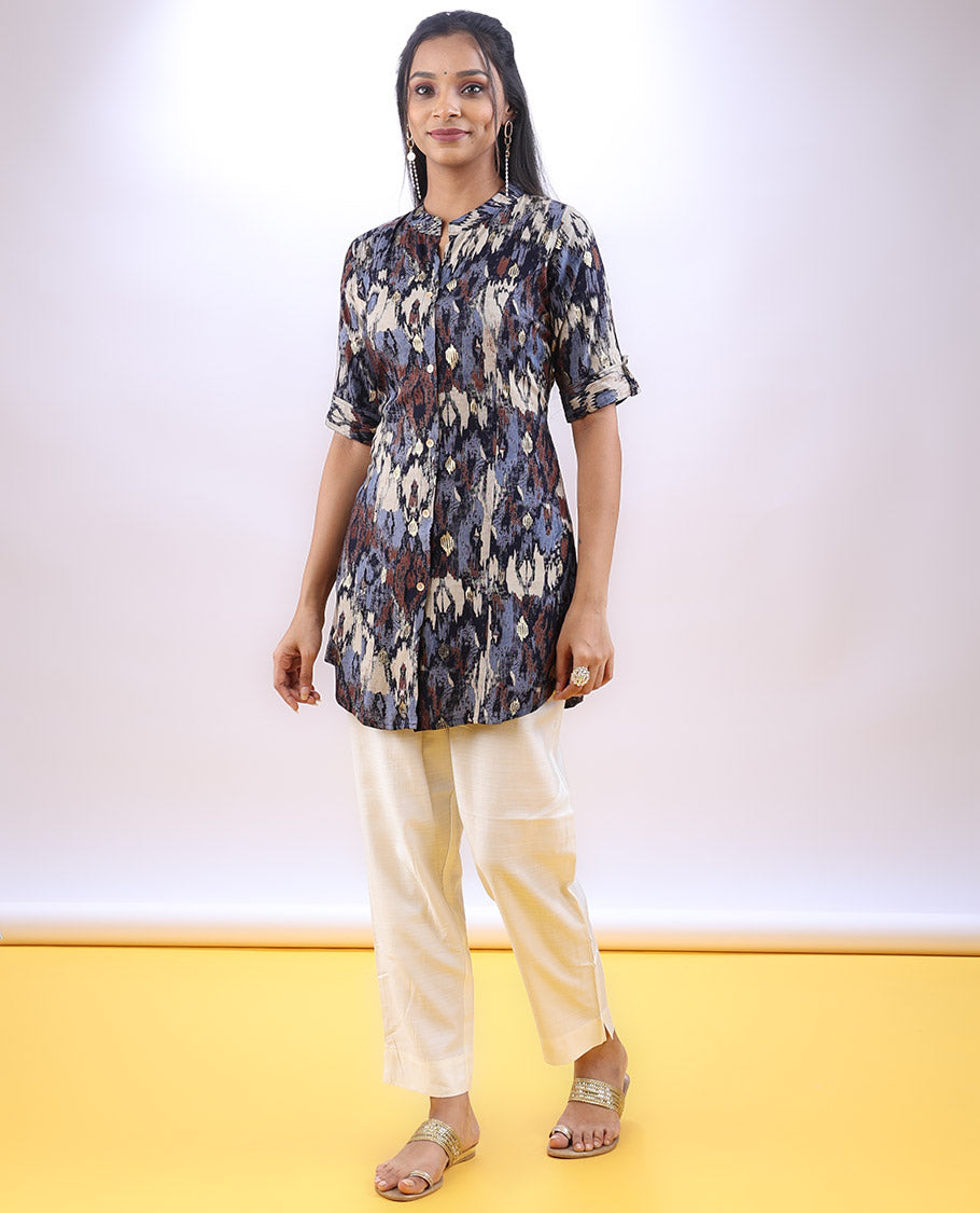 Multi-color abstract-style printed Chinese collar & elbow sleeve above-knee a-line top