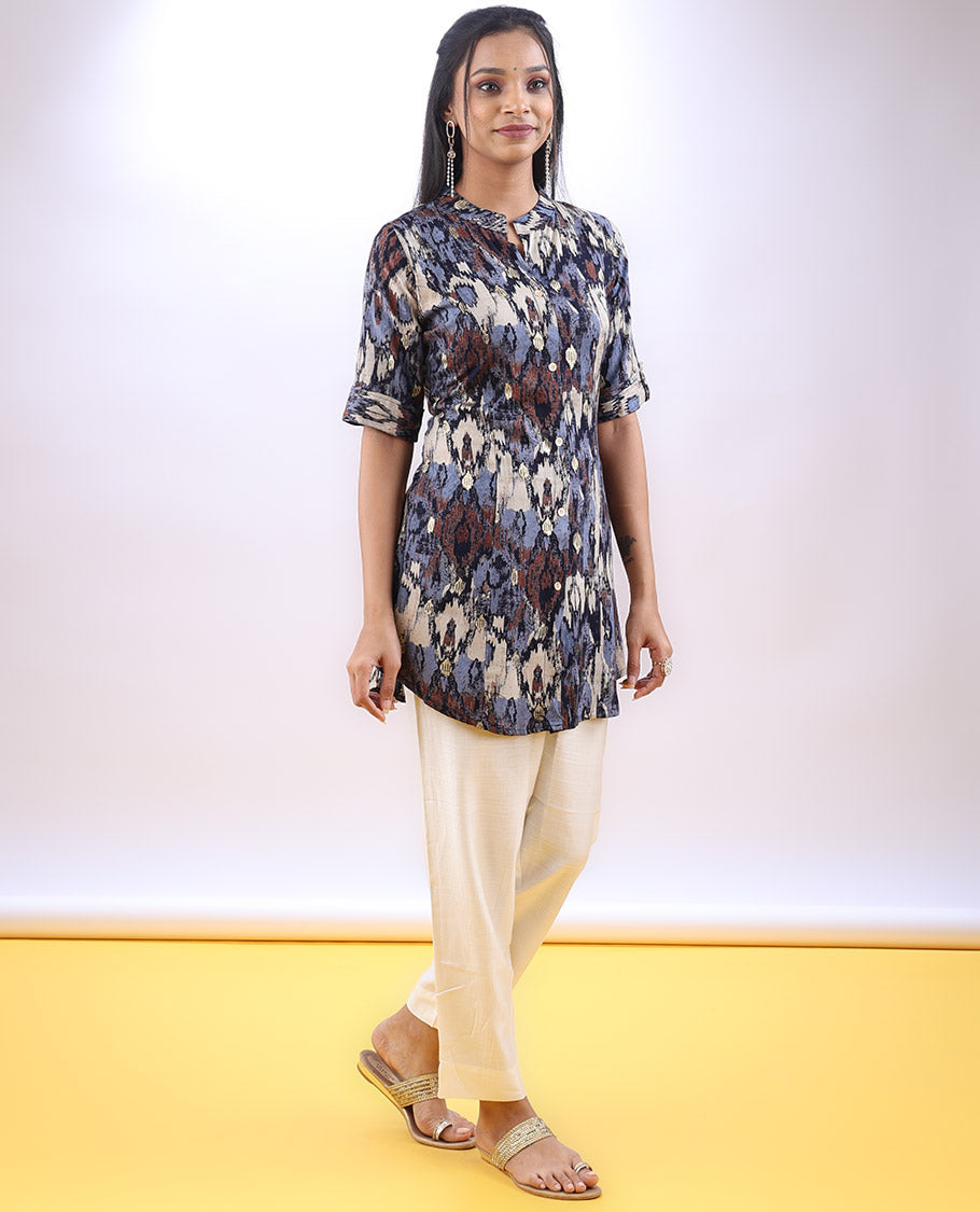 Multi-color abstract-style printed Chinese collar & elbow sleeve above-knee a-line top