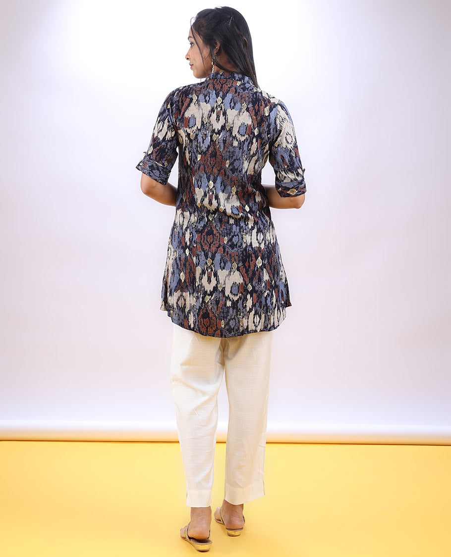 Multi-color abstract-style printed Chinese collar & elbow sleeve above-knee a-line top