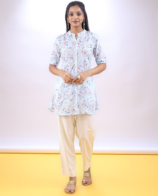 Pastel blue floral creeper printed chinese collar & 3/4th sleeve above-knee a-line top