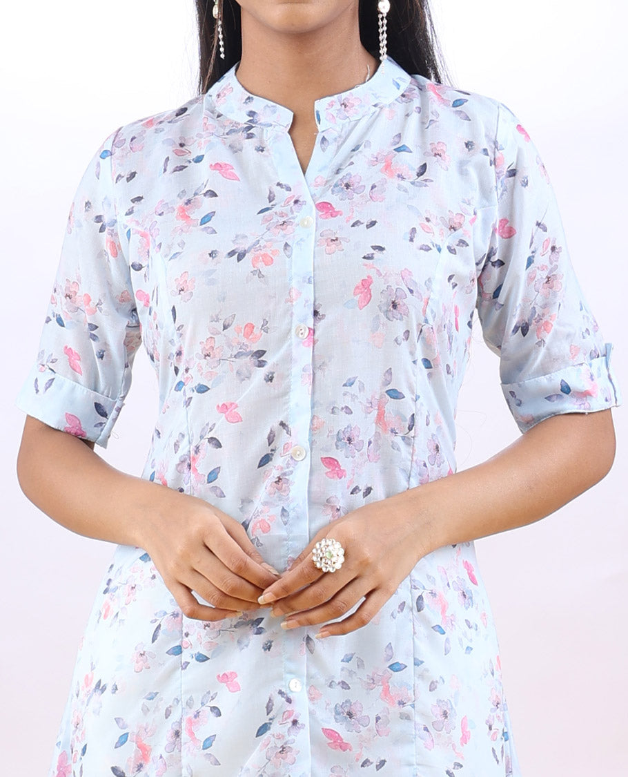 Pastel blue floral creeper printed chinese collar & 3/4th sleeve above-knee a-line top
