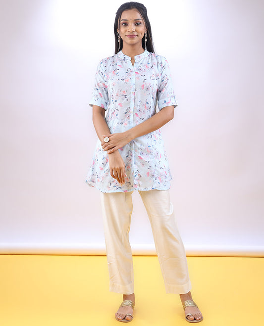Pastel blue floral creeper printed chinese collar & 3/4th sleeve above-knee a-line top